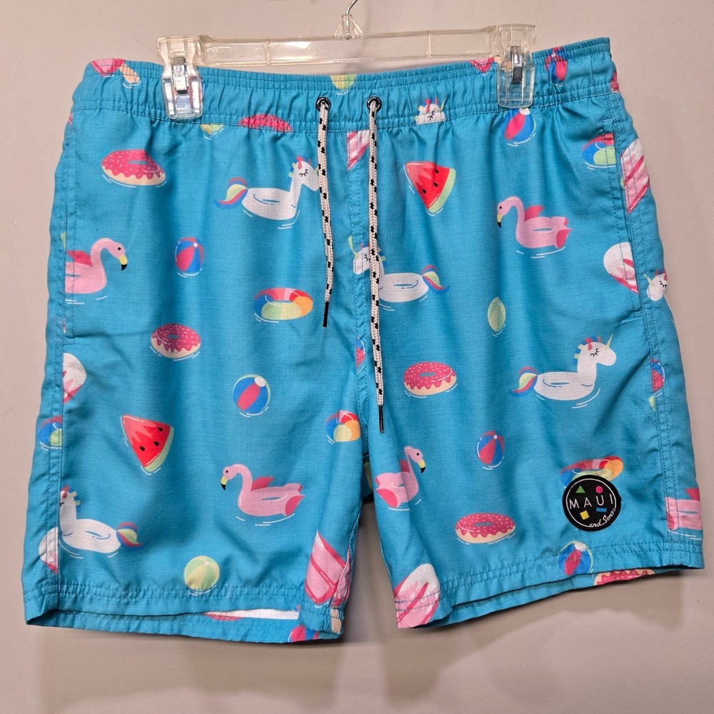 Maui & Sons Swim Trunks Pool Shorts Men Size XL Blue Retro Sport 80s Unicorn Fun